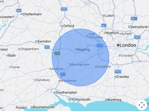 Map showing Valley Roofing's 25 mile service radius around Eversley