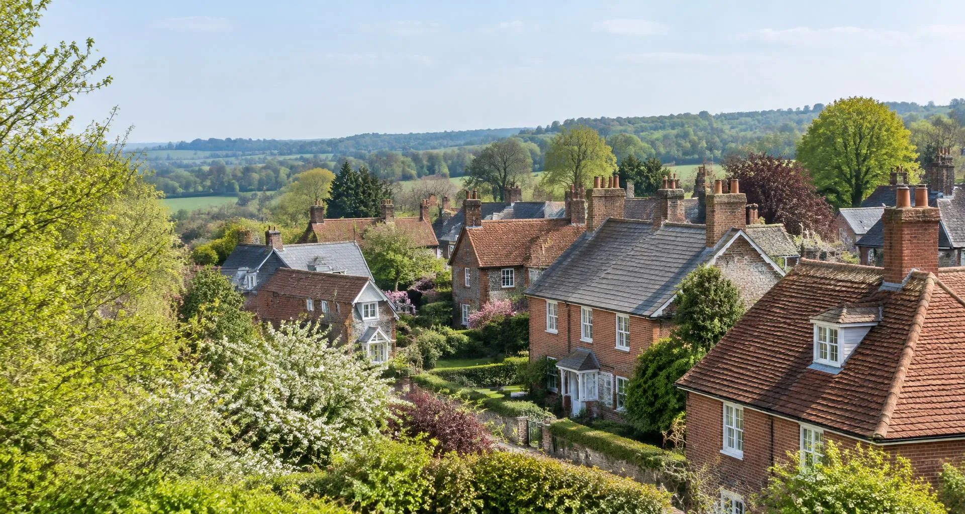 Illustrative view of leafy English neighbourhoods with tiled and slate rooftops