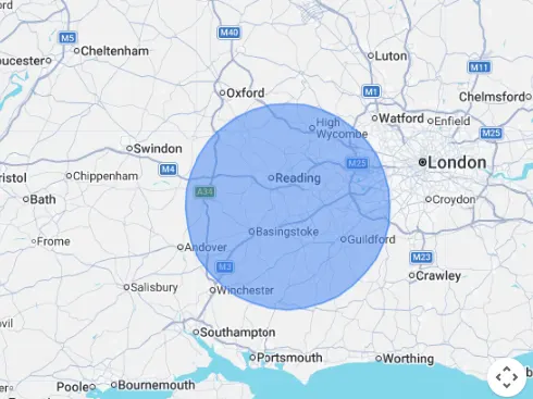 Map showing Valley Roofing's 25 mile service radius around Eversley